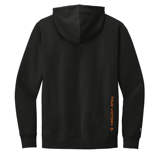 Black hoodie with a brand logo on the sleeve against a white background