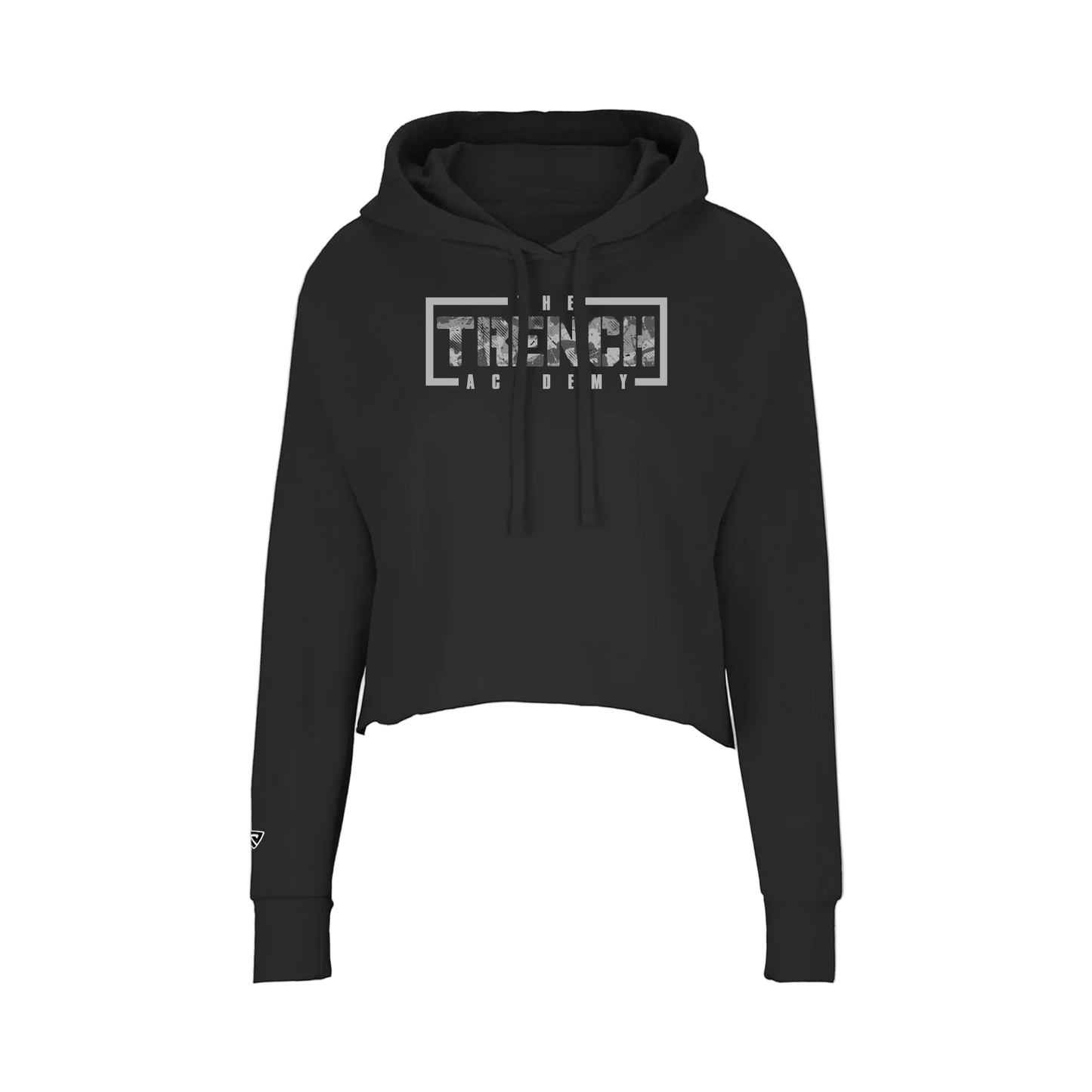 Black hoodie with 'The Trench Academy' logo on a white background
