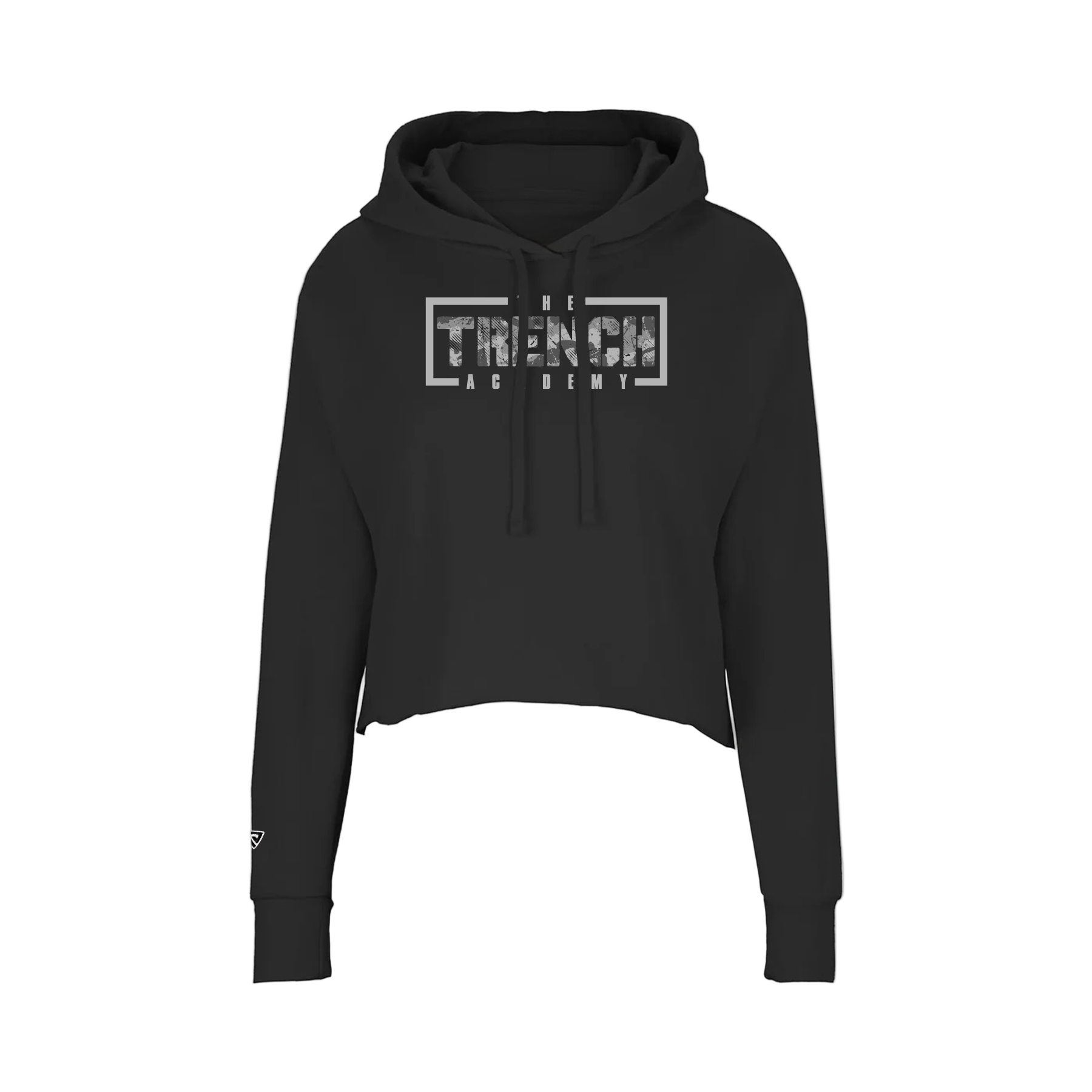 Black hoodie with 'The Trench Academy' logo on a white background