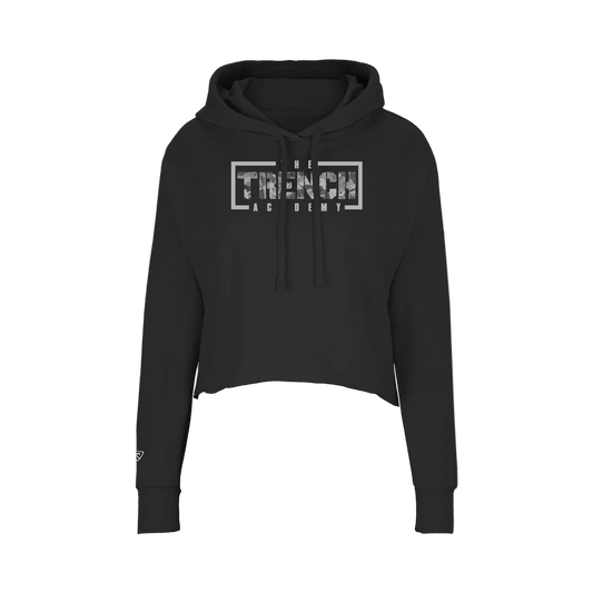 Black hoodie with 'The Trench Academy' logo on a white background