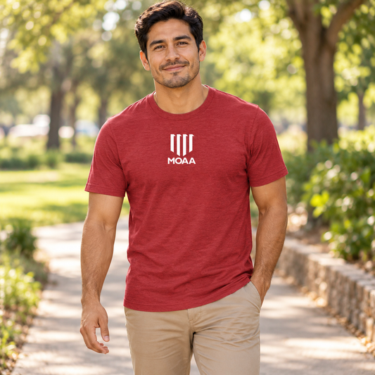 Adult man wearing the MOAA Shield Tee in a lifestyle setting.