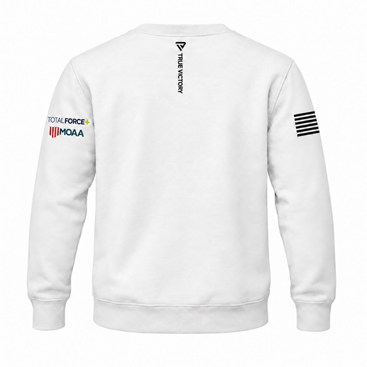 TotalForce+ People Outrank Everything Crewneck — White back, small True Victory neckline drip