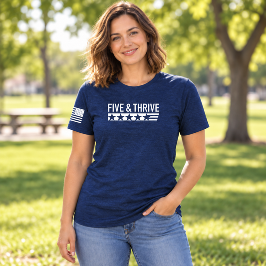 Lifestyle view of Five & Thrive Midnight Navy Tee outdoors.