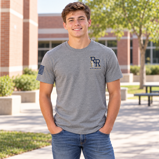 Lifestyle view of RRHS AFJROTC Tee at an athletics setting.