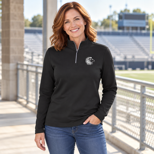 Lifestyle view of Women's HCA Quarter Zip at an athletics setting.