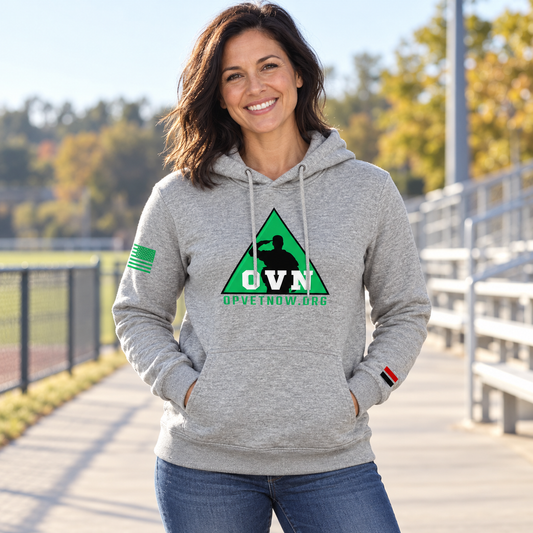 Lifestyle view of OVN Hoodie outdoors.