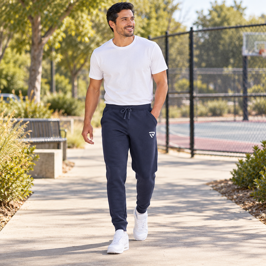 Men's True Fleece Joggers worn by an adult man in a sunlit pedestrian path beside a neighborhood recreation court; full-length view.