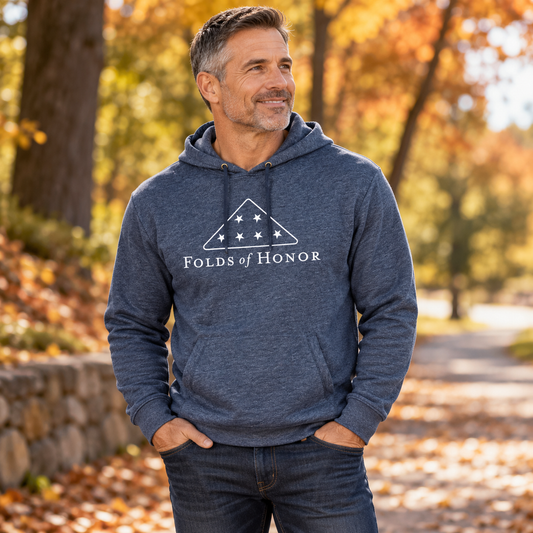 Men's Folds of Honor Heathered Hoodie worn by an adult man outdoors; front view.