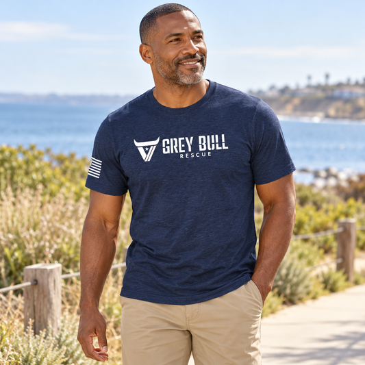 Grey Bull Rescue Navy Tee worn by an adult man outdoors; front view.