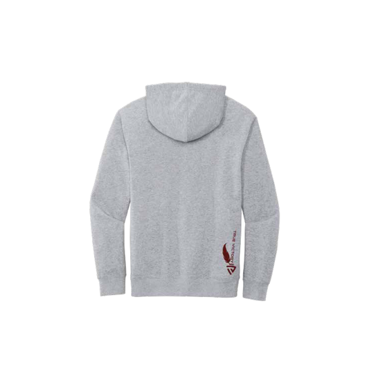 Vidalia hoodie in heather gray, back view with True Victory feather-and-shield detail at the lower right