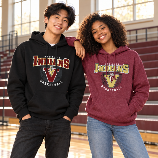 High-school-age boy and girl wearing Vidalia Basketball Hoodies in black and maroon