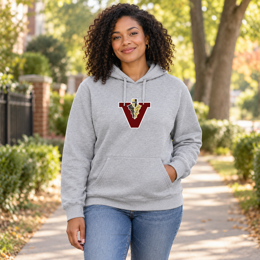 Woman wearing the Vidalia V hoodie in gray