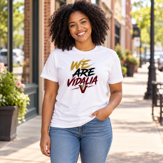 Woman wearing the Vidalia we are tee in white