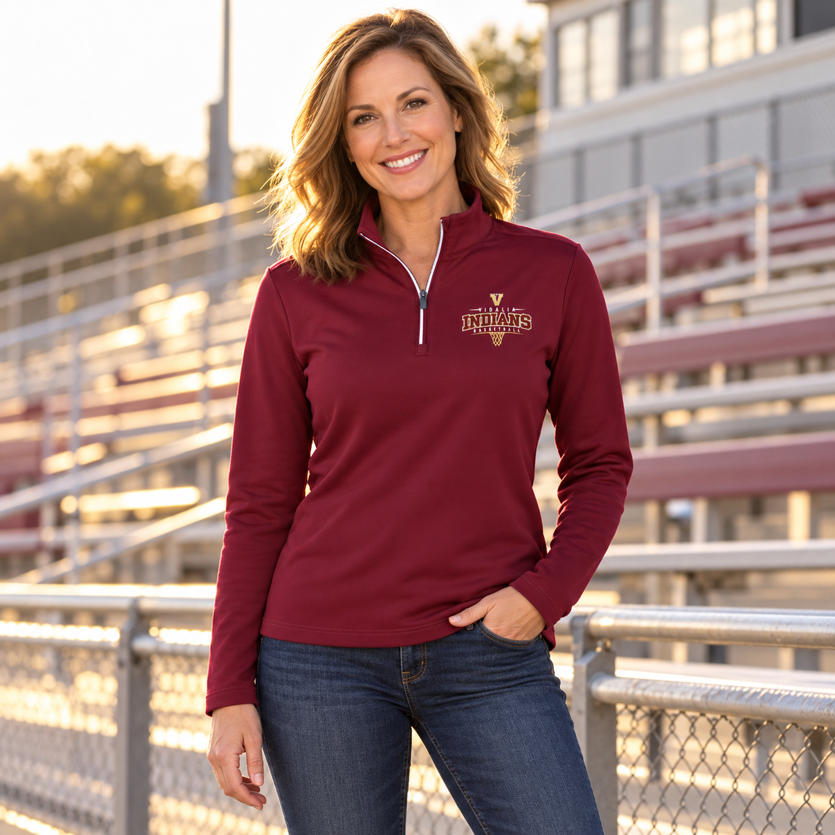 Adult supporter wearing the Women's Vidalia Basketball Quarter Zip in maroon