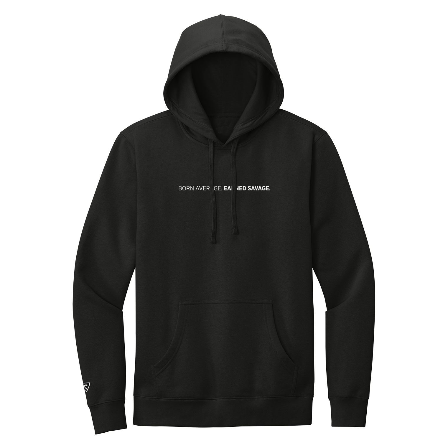 Black hoodie with a graphic design on a white background