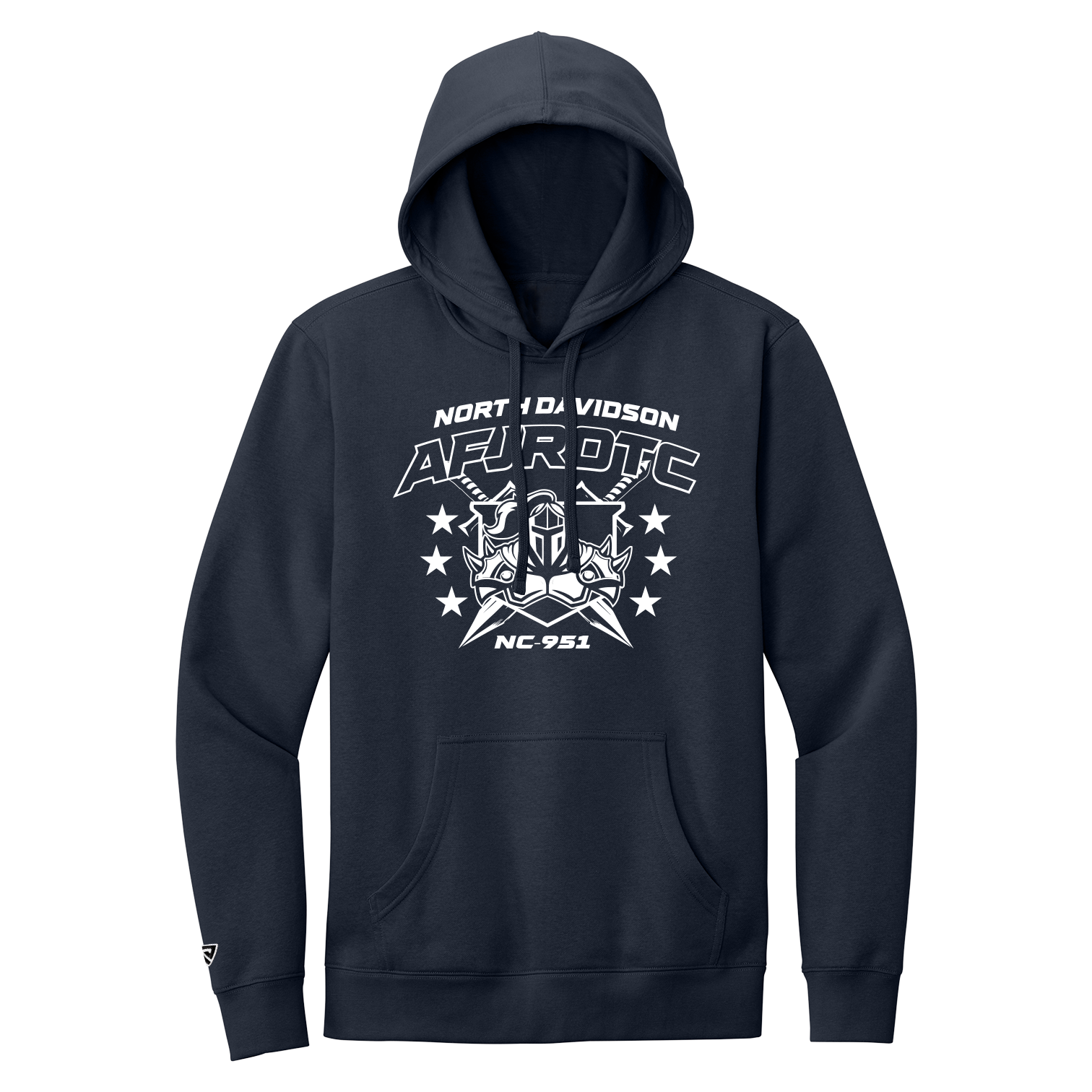 Navy hoodie with white graphic design on a white background
