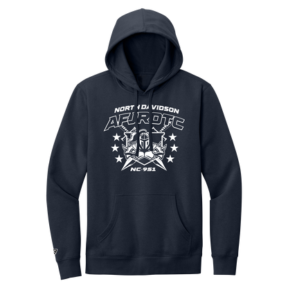 Navy hoodie with white graphic design on a white background