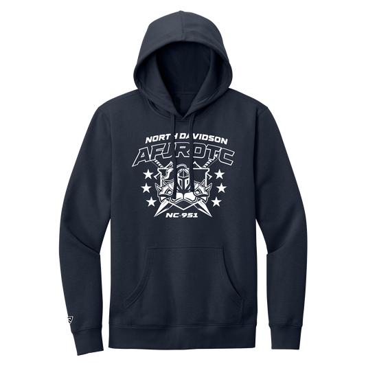 Navy hoodie with white graphic design on a white background