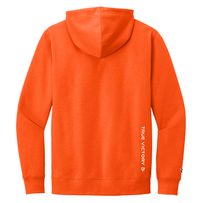 Orange hoodie with 'True Victory' branding on a white background