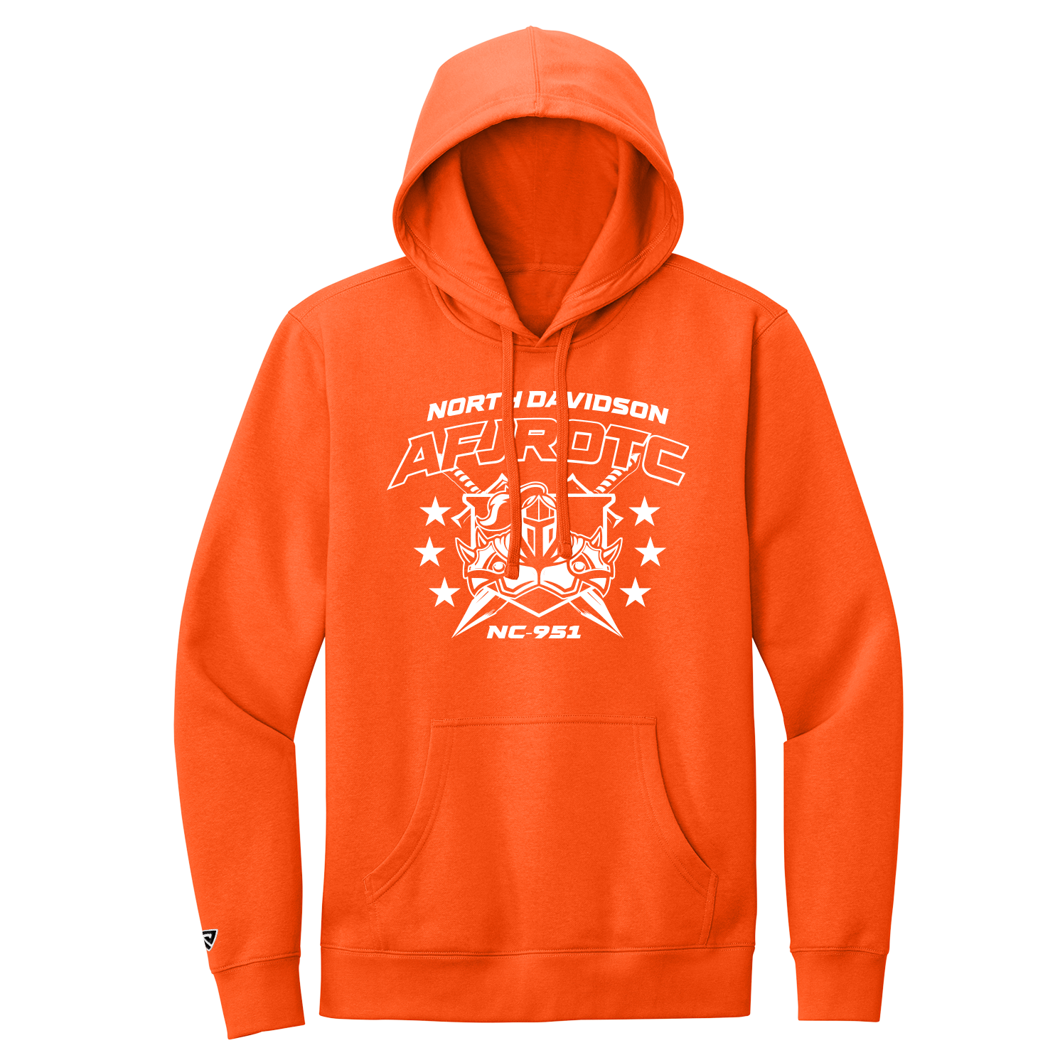 Orange hoodie with white graphic design on a white background