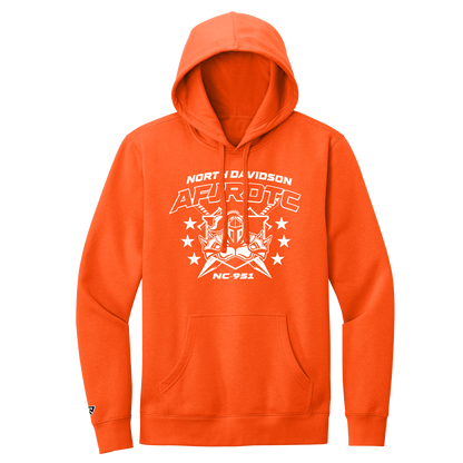 Orange hoodie with white graphic design on a white background