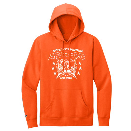 Orange hoodie with white graphic design on a white background