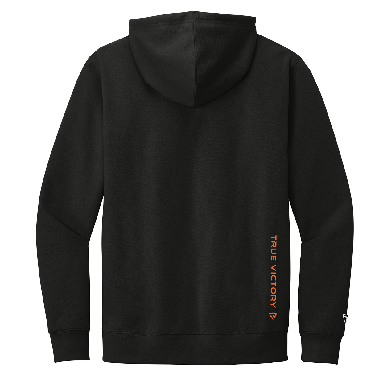 Black hoodie with a brand logo on the sleeve against a white background