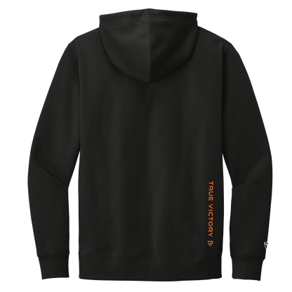 Black hoodie with a brand logo on the sleeve against a white background