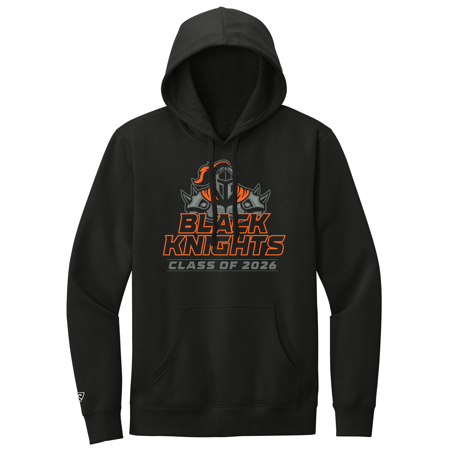 Black hoodie with 'Black Knights Class of 2026' design on a white background