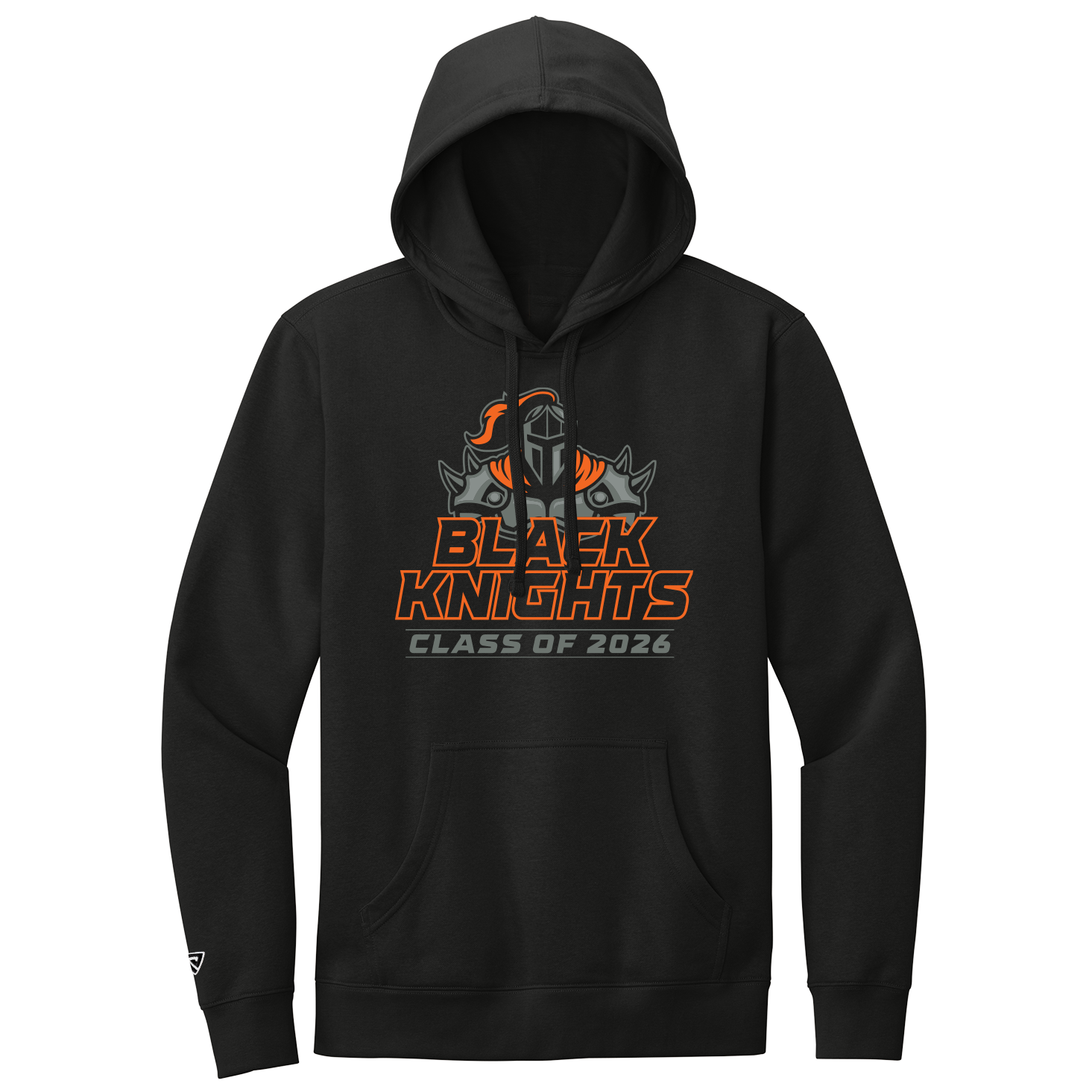 Black hoodie with 'Black Knights Class of 2026' design on a white background