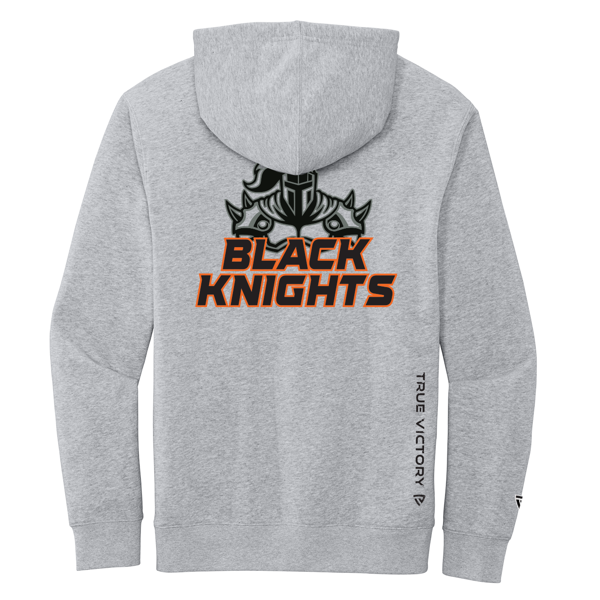 Gray hoodie with 'Black Knights' logo on the back against a white background