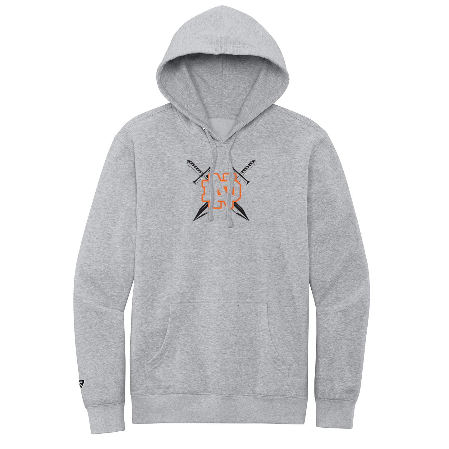 Gray hoodie with a logo on the chest against a white background