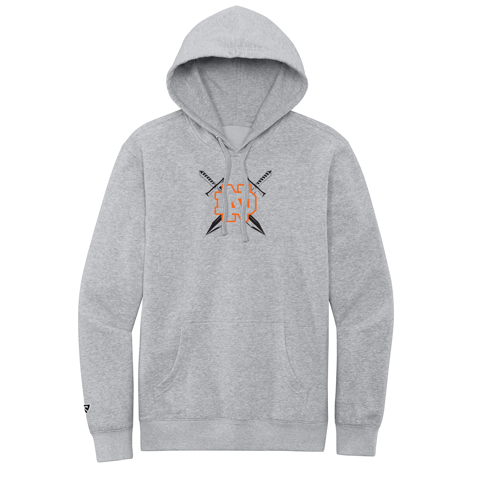 Gray hoodie with a logo on the chest against a white background