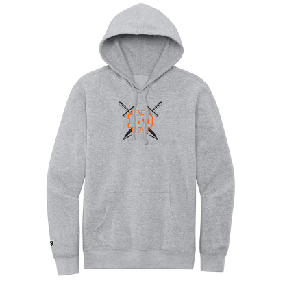 Gray hoodie with a logo on the chest against a white background
