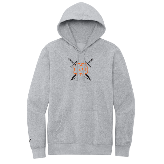 Gray hoodie with a logo on the chest against a white background