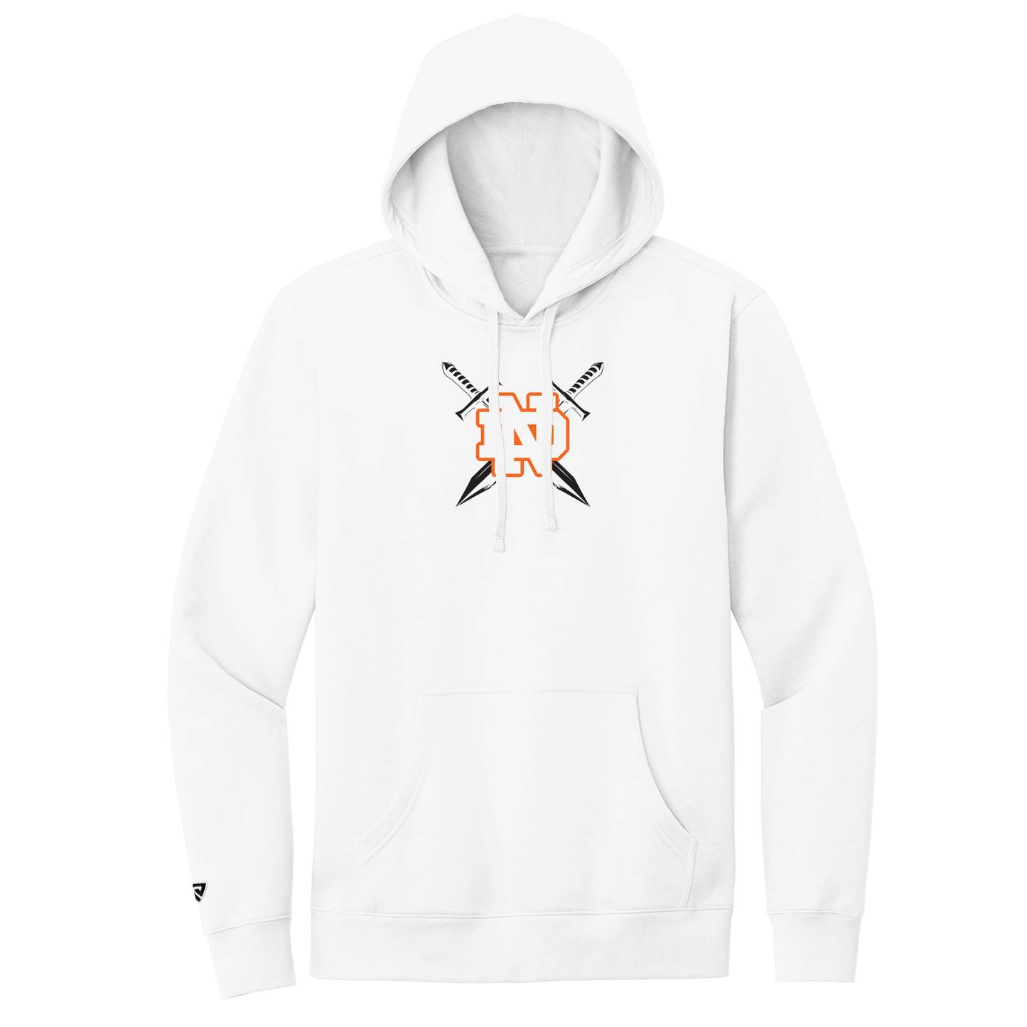 White hoodie with a logo on the chest against a white background