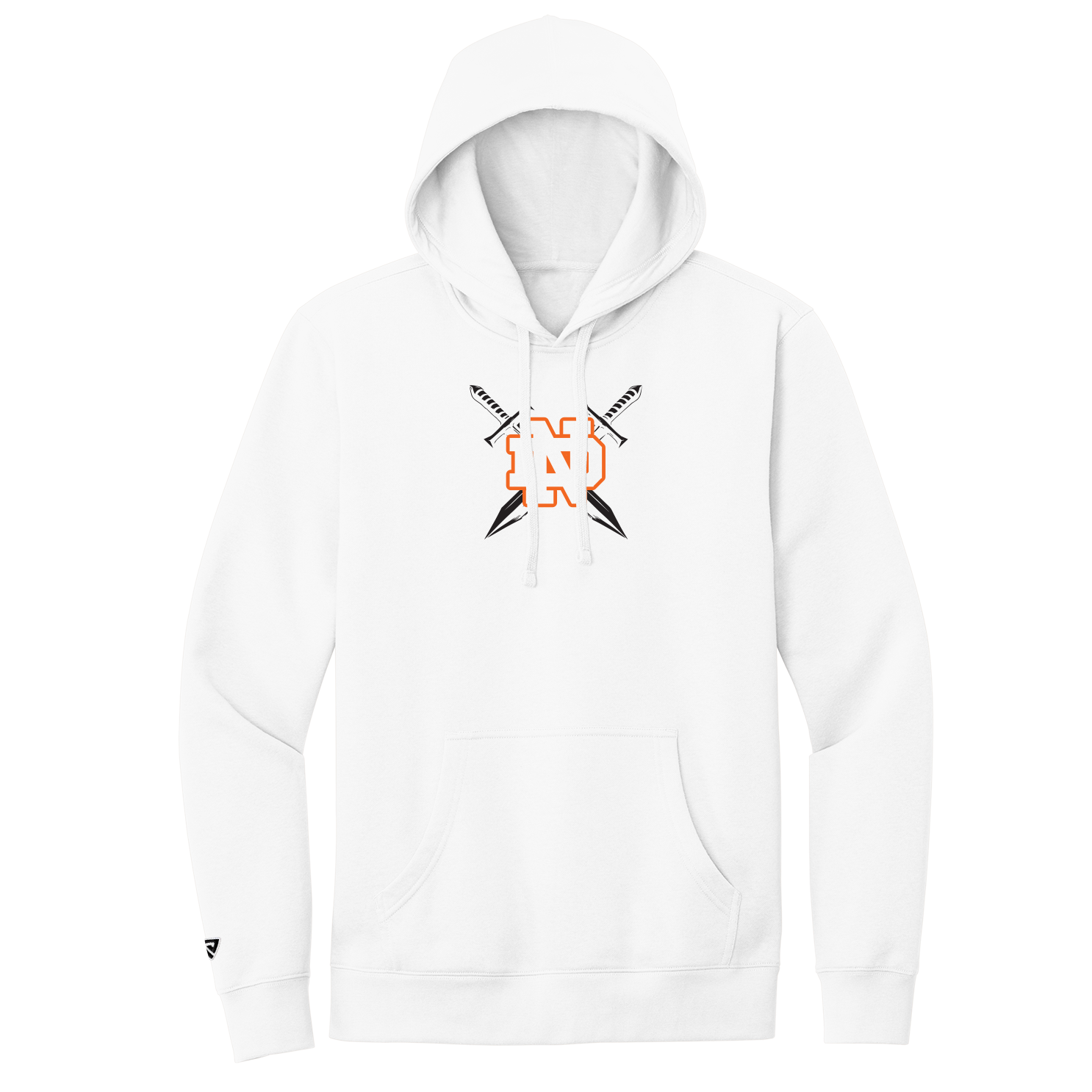 White hoodie with a logo on the chest against a white background
