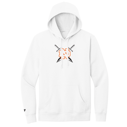 White hoodie with a logo on the chest against a white background