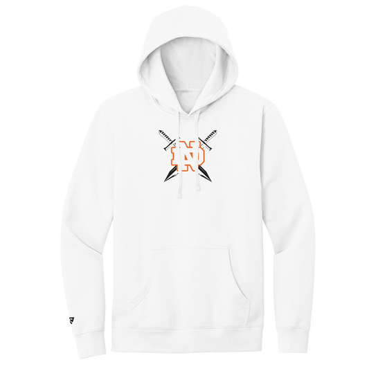 White hoodie with a logo on the chest against a white background