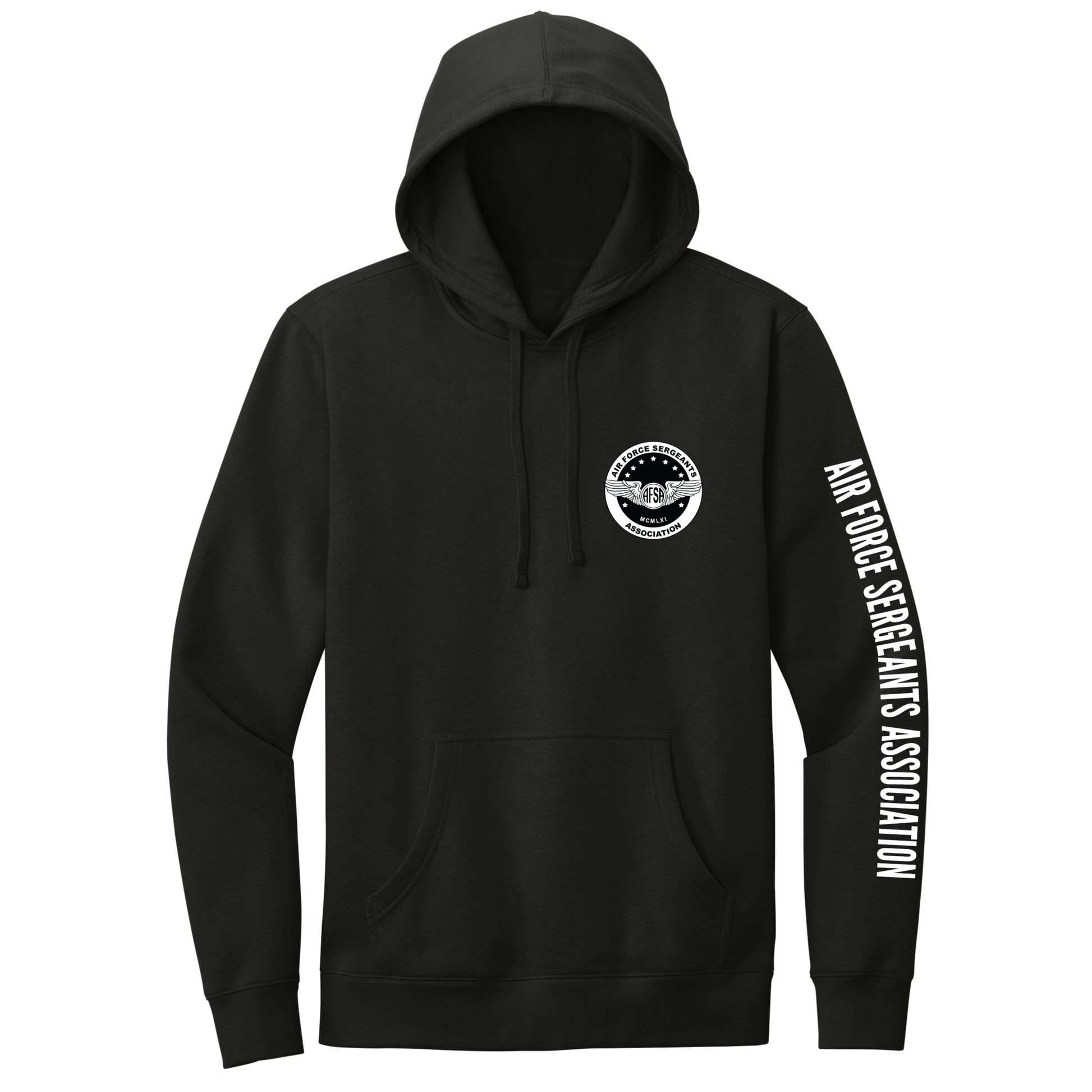 A black pullover hoodie with a white circular logo on the left chest and white vertical text reading 'AIR FORCE SEQUELS ASSOCIATION' on the right sleeve, shown on a plain white background.