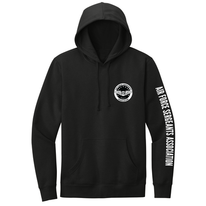 A black pullover hoodie with a white circular logo on the left chest and white vertical text reading 'AIR FORCE SEQUELS ASSOCIATION' on the right sleeve, shown on a plain white background.