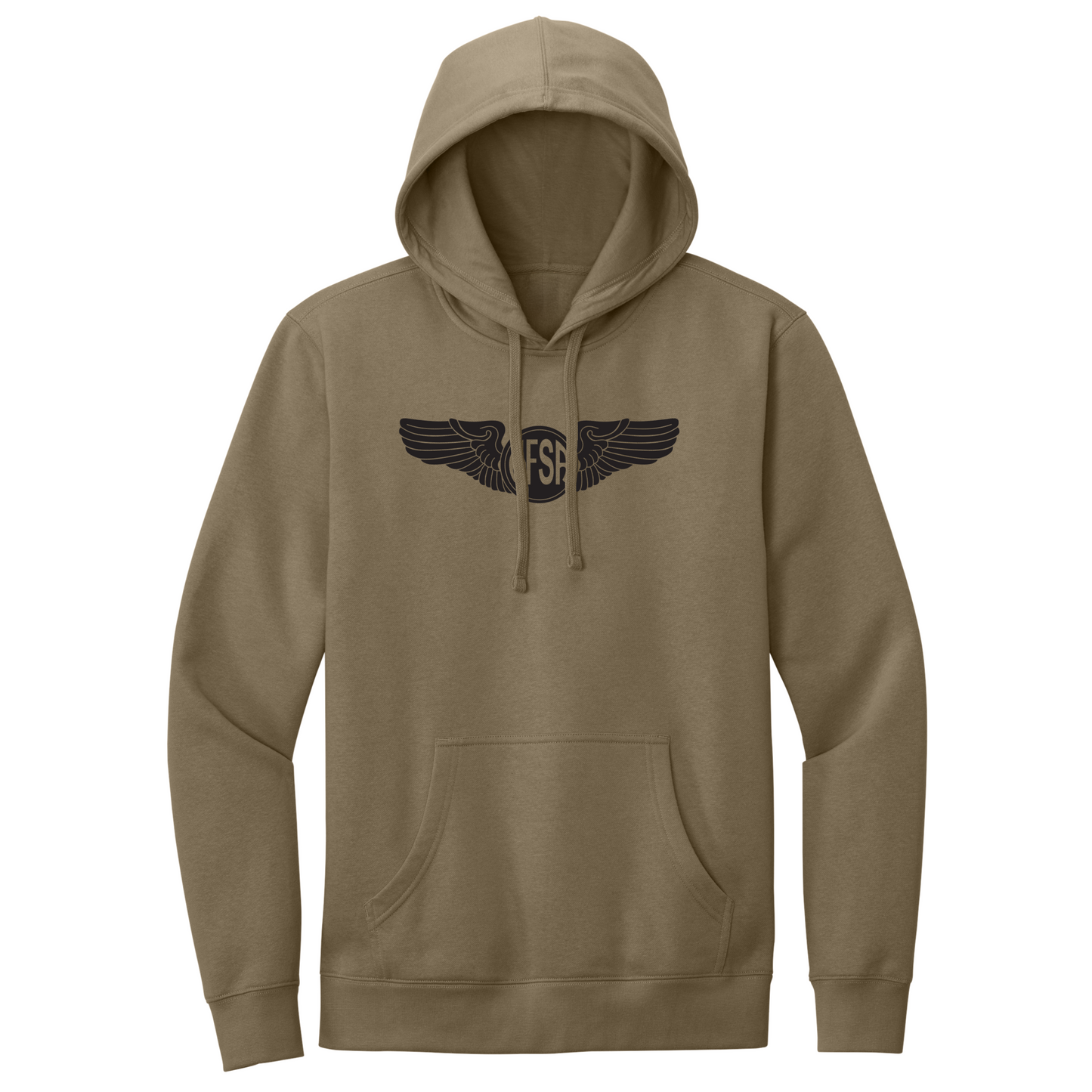 A tan pullover hoodie with a black embroidered winged emblem on the chest, displayed against a solid white background.