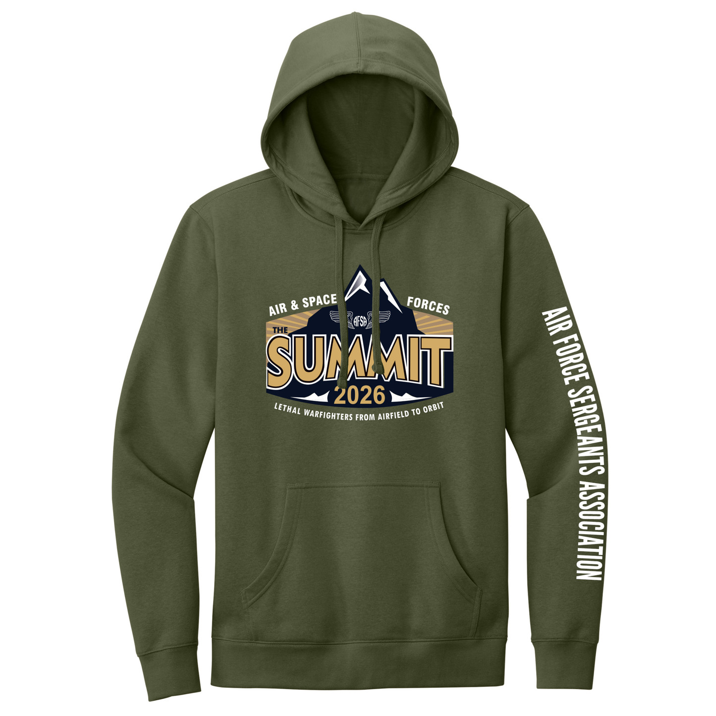 An olive green pullover hoodie featuring a graphic on the chest and text printed down one sleeve. The chest graphic displays a mountain logo with the words 'Air & Space Forces' and 'Summit 2026'.