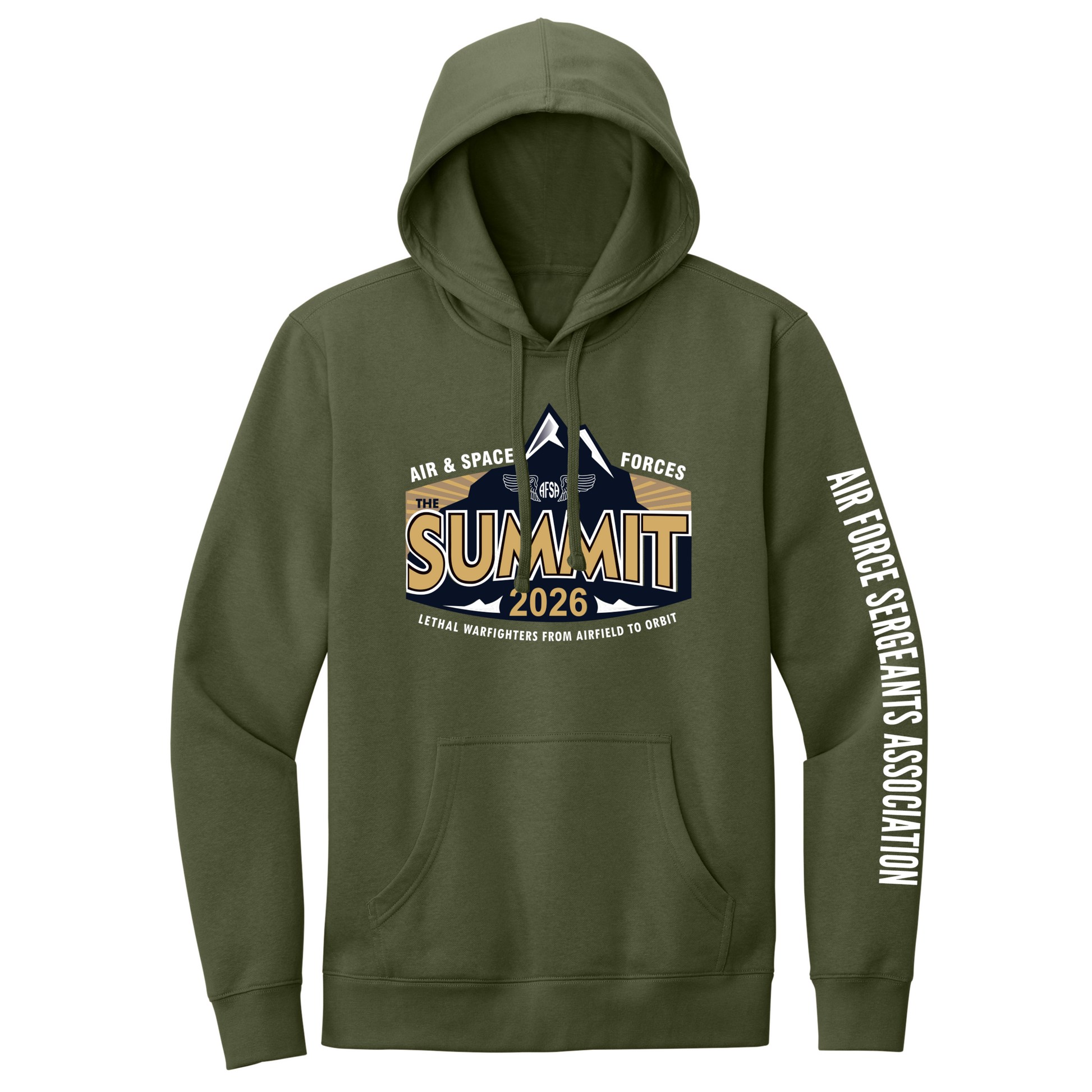 An olive green pullover hoodie featuring a graphic on the chest and text printed down one sleeve. The chest graphic displays a mountain logo with the words 'Air & Space Forces' and 'Summit 2026'.