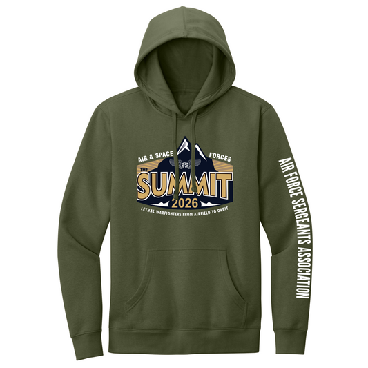 An olive green pullover hoodie featuring a graphic on the chest and text printed down one sleeve. The chest graphic displays a mountain logo with the words 'Air & Space Forces' and 'Summit 2026'.