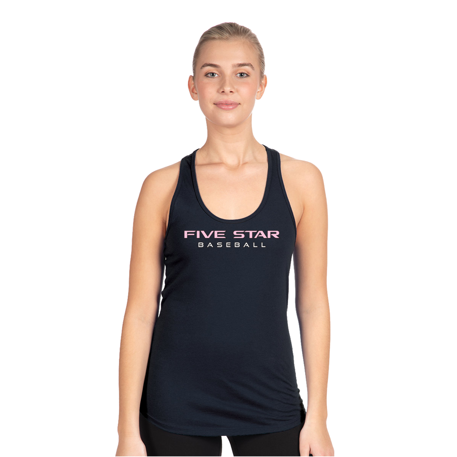 Woman wearing a black tank top with 'Five Star Baseball' text on a white background