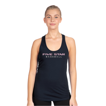 Woman wearing a black tank top with 'Five Star Baseball' text on a white background