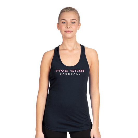 Woman wearing a black tank top with 'Five Star Baseball' text on a white background