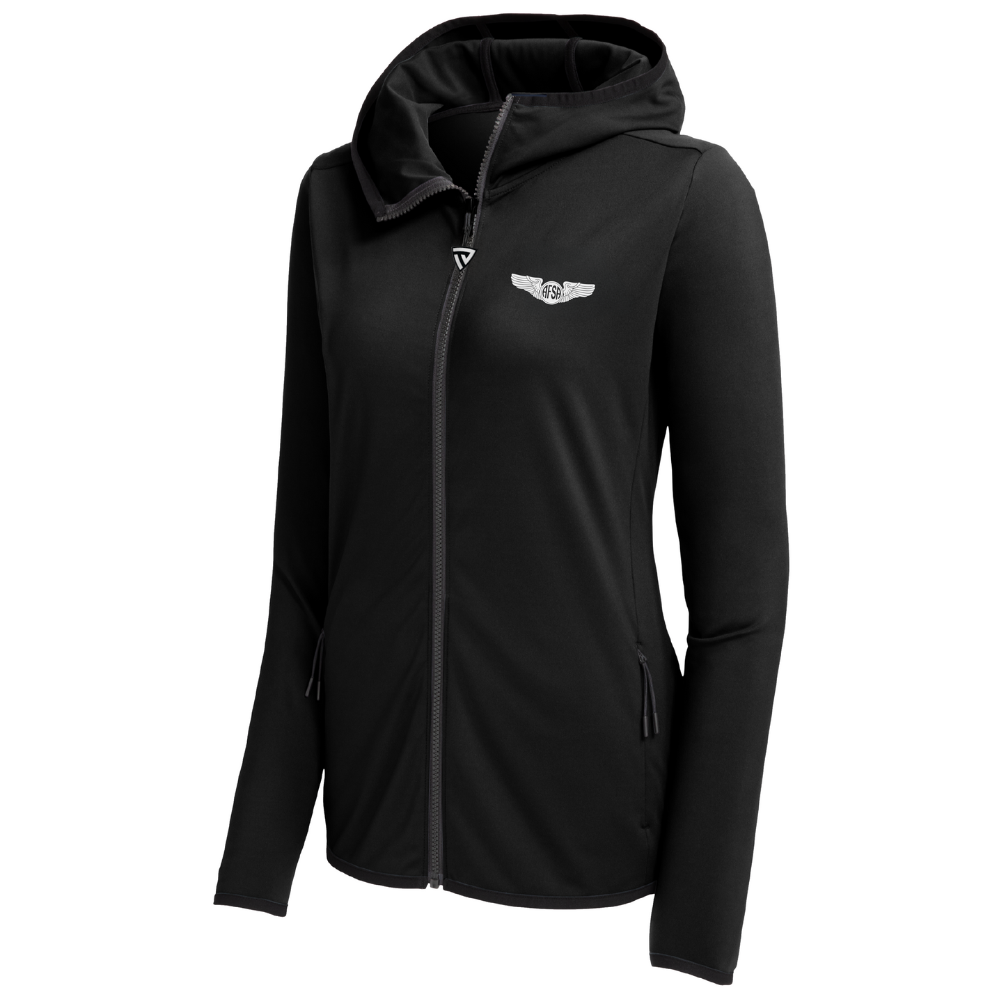 A black hooded zip-up jacket with a silver winged logo on the left chest, displayed on a clean white background.