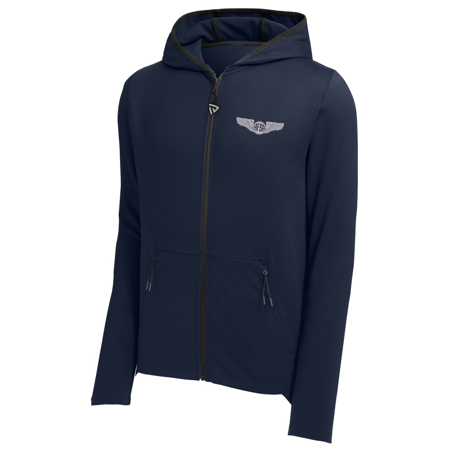 A navy blue full-zip hooded jacket with a small silver winged logo on the left chest, displayed on a clean white background.